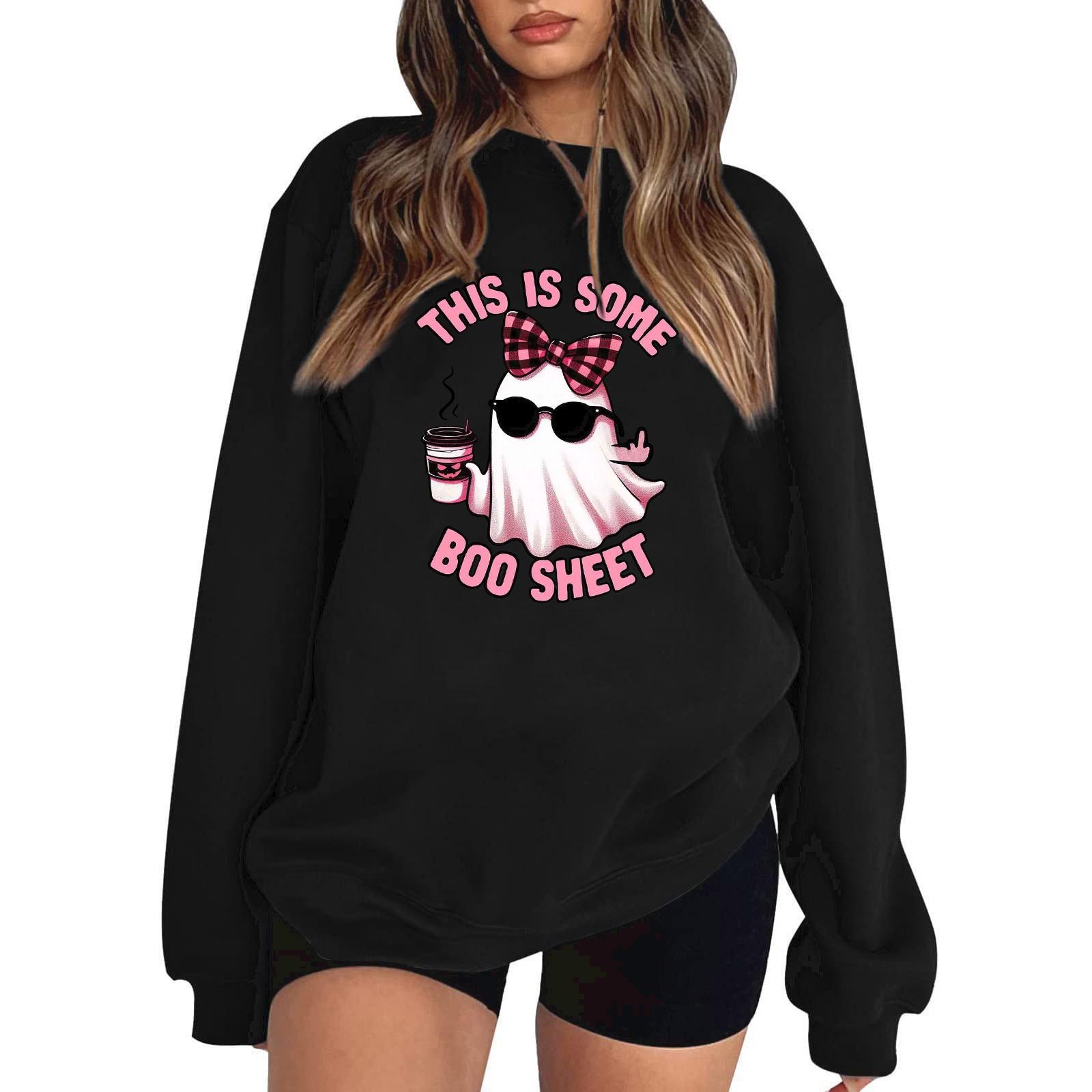 

Женский пуловер с принтом Хэллоуина, круглый вырез, заниженная линия плеча, блузка с длинными рукавами M чёрный