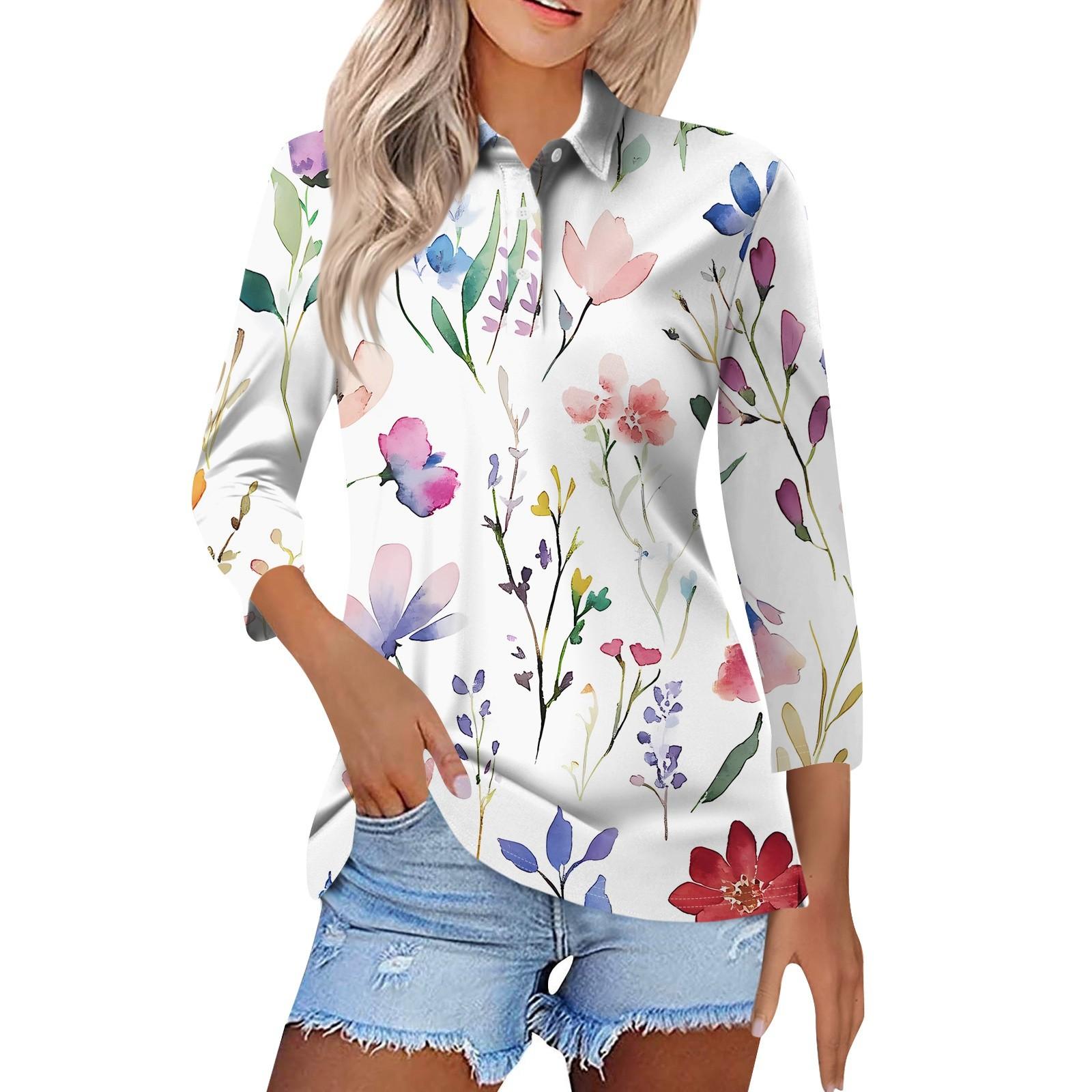 

Женская модная повседневная рубашка с короткими рукавами 3/4 с лацканами и принтом, женские топы на пуговицах XL белый