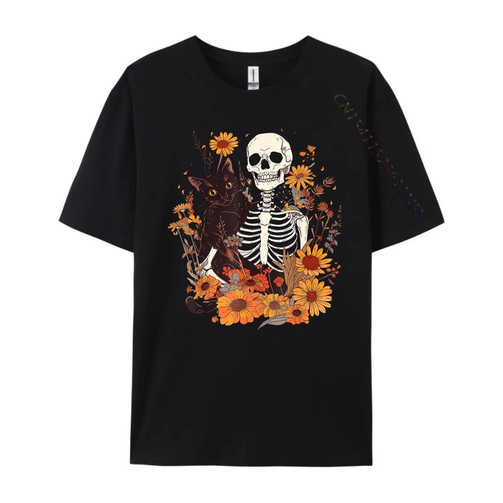 Cat Skeleton Flower Garden Halloween White Graphic Tee Breathable Original Mens TShirts Big And Tall Mothers Day