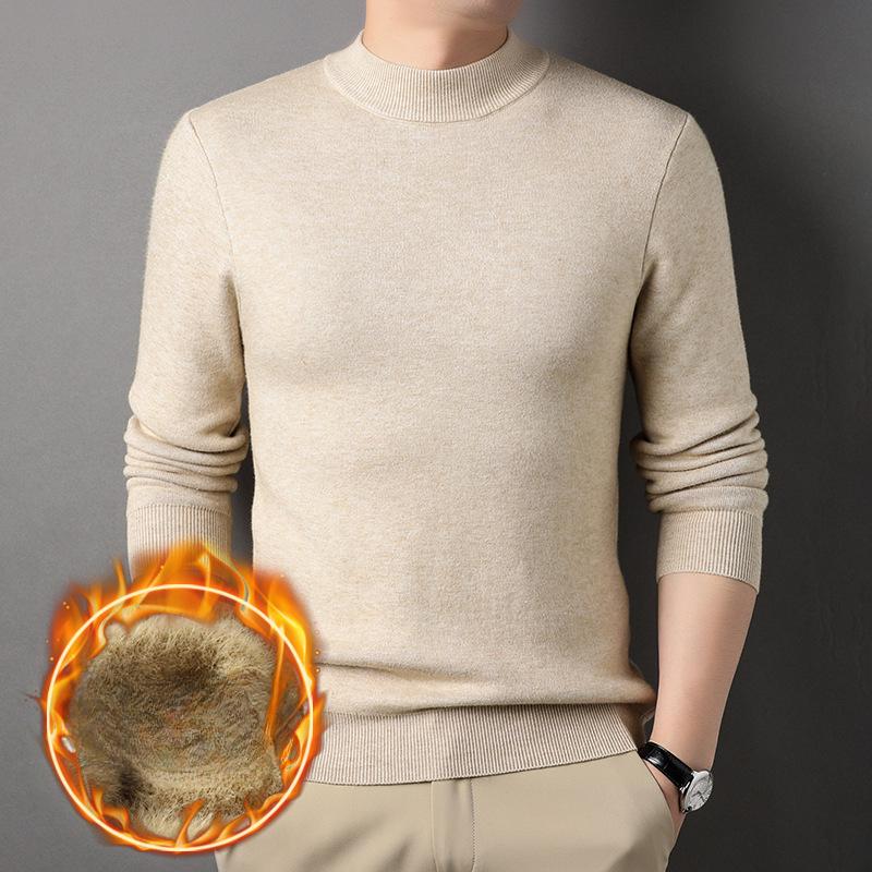 Autumn and Winter Men's Sweater Half-height Round Neck Solid Color Knitted Sweater Elastic High-quality Plush Thickened Bottoming Shirt