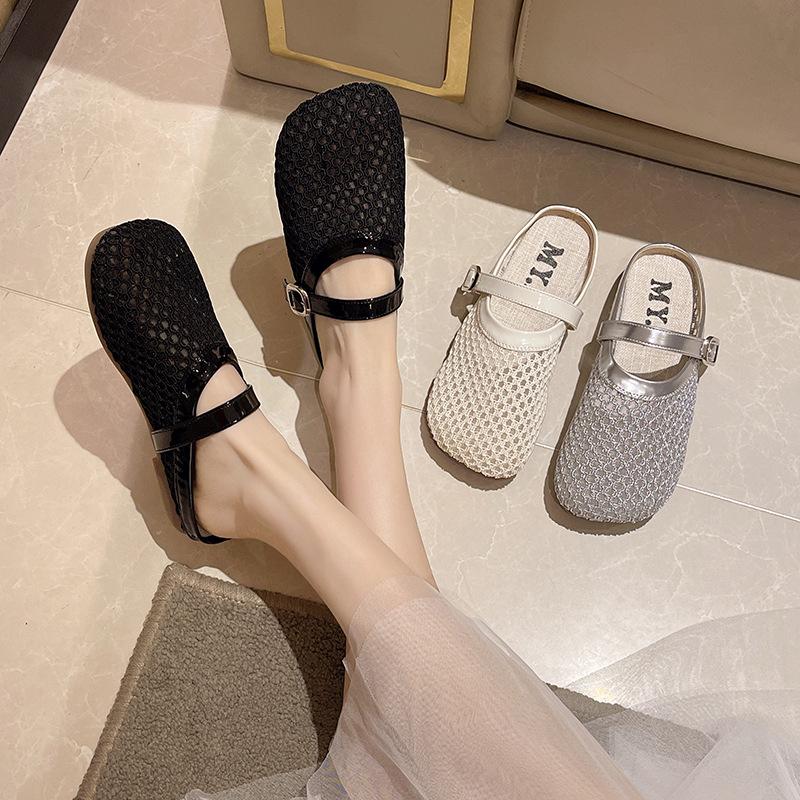 Korean Version Mesh Hollow Slippers Female Summer 2025 New Fairy Style Temperament Shallow Mouth Flat Bottom Sandals Fishing Net Shoes