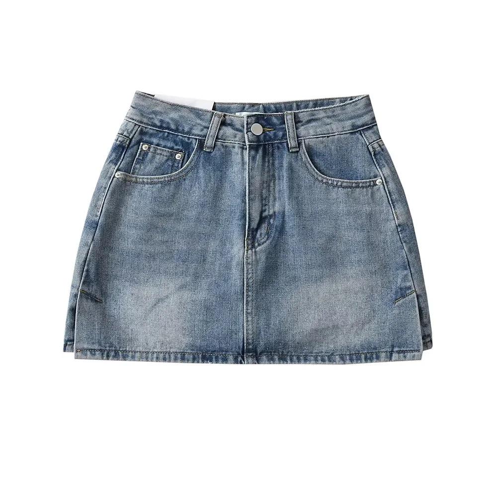 

NSSF Spring/Summer European-American Style Sexy Slit Two-Piece Effect Washed Denim Skirt M темно-синий