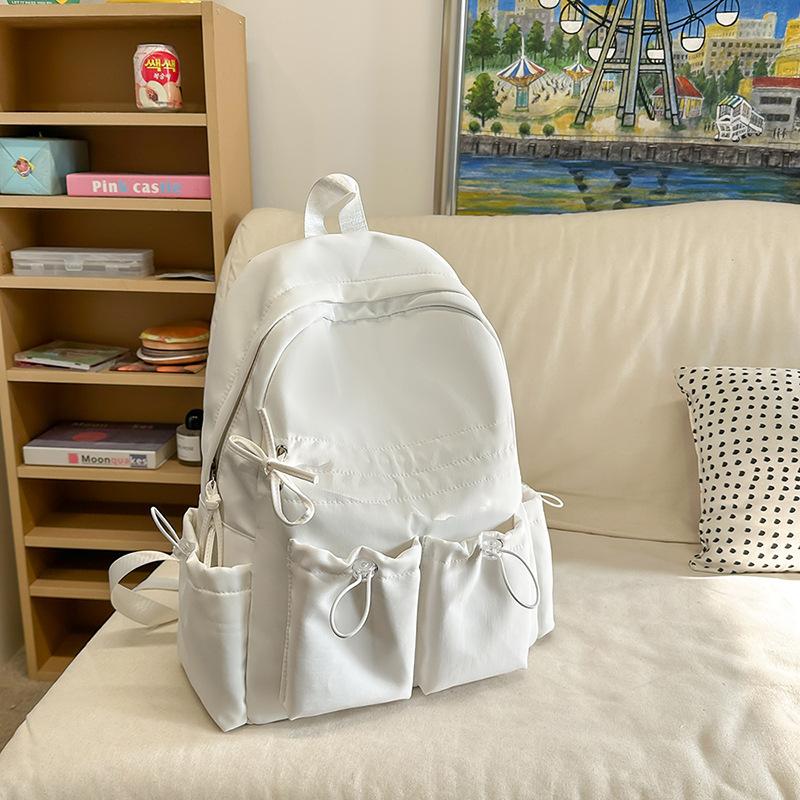Simple Solid Color Female Backpack Double Pocket Drawstring Light Student Cute Travel Bow Joker College Student Bag
