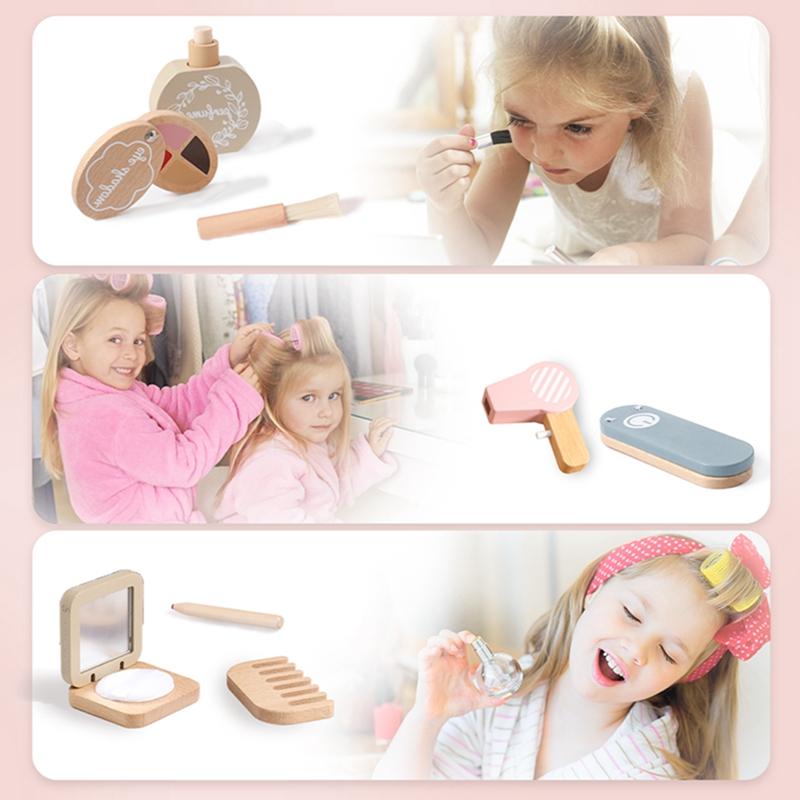 Wooden Toy Girls Makeup Set Pretend Play Kid Make Up Beautiful Hairdressing Simulation For Girl Children Dressing Cosmetic Gifts