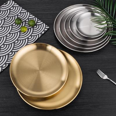 Koreanische Goldene Runde Edelstahl Grill- & Servierplatte – Ideal für Gemüse, Obst, Kuchen, Desserts und mehr.
