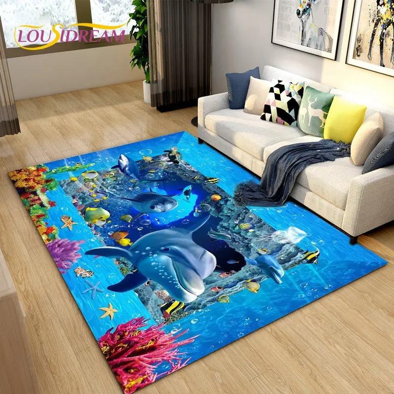 3D Carpet Seabed Illusion Underwater World Dolphin Shark Area Rug,Rug for Living Room Bedroom Sofa Doormat,Non-slip Floor Mat