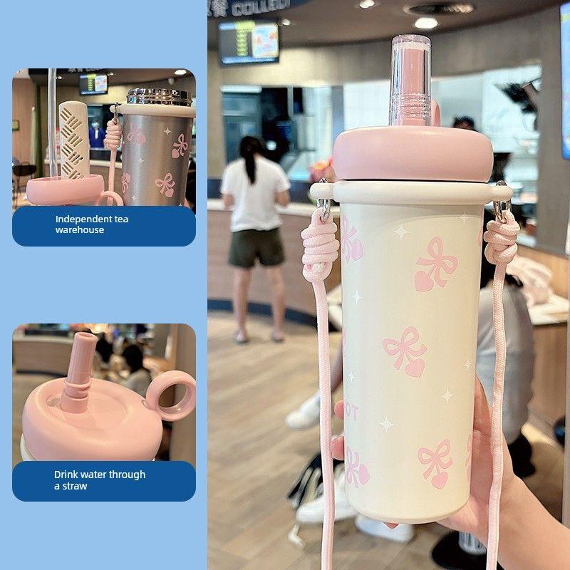 

Large-Capacity Thermos Cup for Girls, High-Looking Straw Water Cup, 2025 New Model, Student Stainless Steel Portable Coffee Cup Pink 700ml