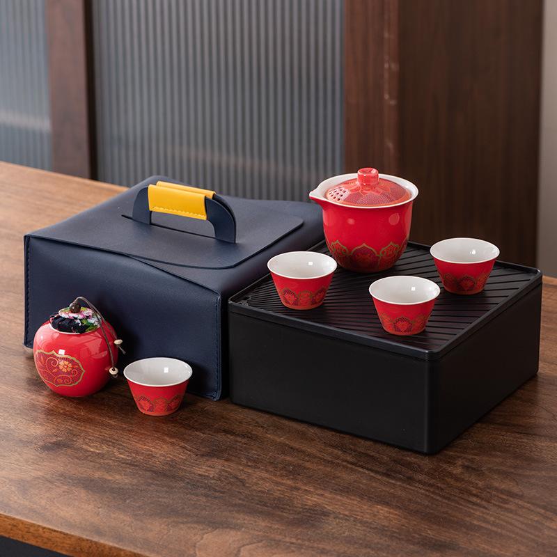 High-end Guochao travel tea set, household high-end business gifts, light luxury, a pot of three cups, commemorative souvenir gifts