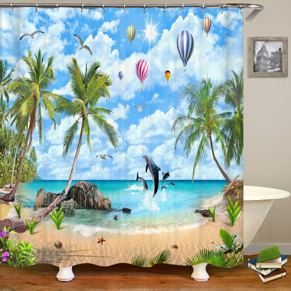 Nature Landscape Shower Curtain 3D Dolphin Shell Beach Scenery Bathroom Curtain Home Decor Waterproof Polyester Bath Accessories