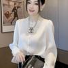 Elegant Mesh Half High Neck Blouse Women Spring Fashion Long Sleeve Shirt White Top Lady Style