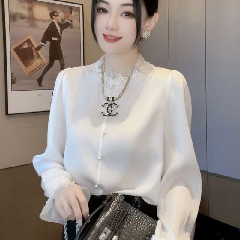 Elegant Mesh Half High Neck Blouse Women Spring Fashion Long Sleeve Shirt White Top Lady Style