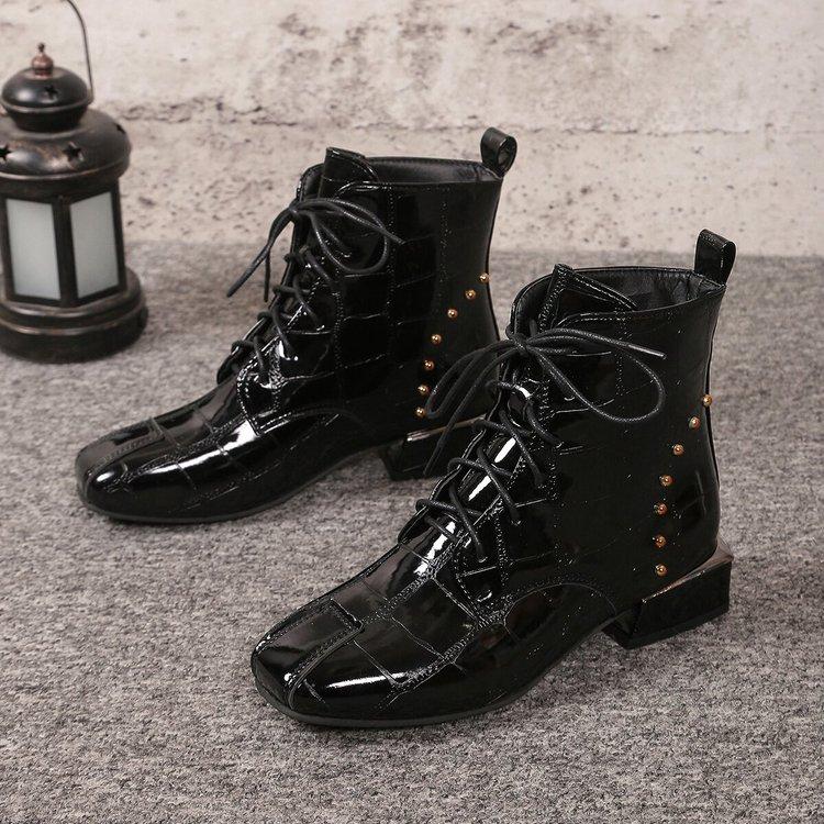 Fashion New Rivet Block Heel Lace-Up Booties Autumn and Winter Women's Square Toe Temperament Middle Leg Boots