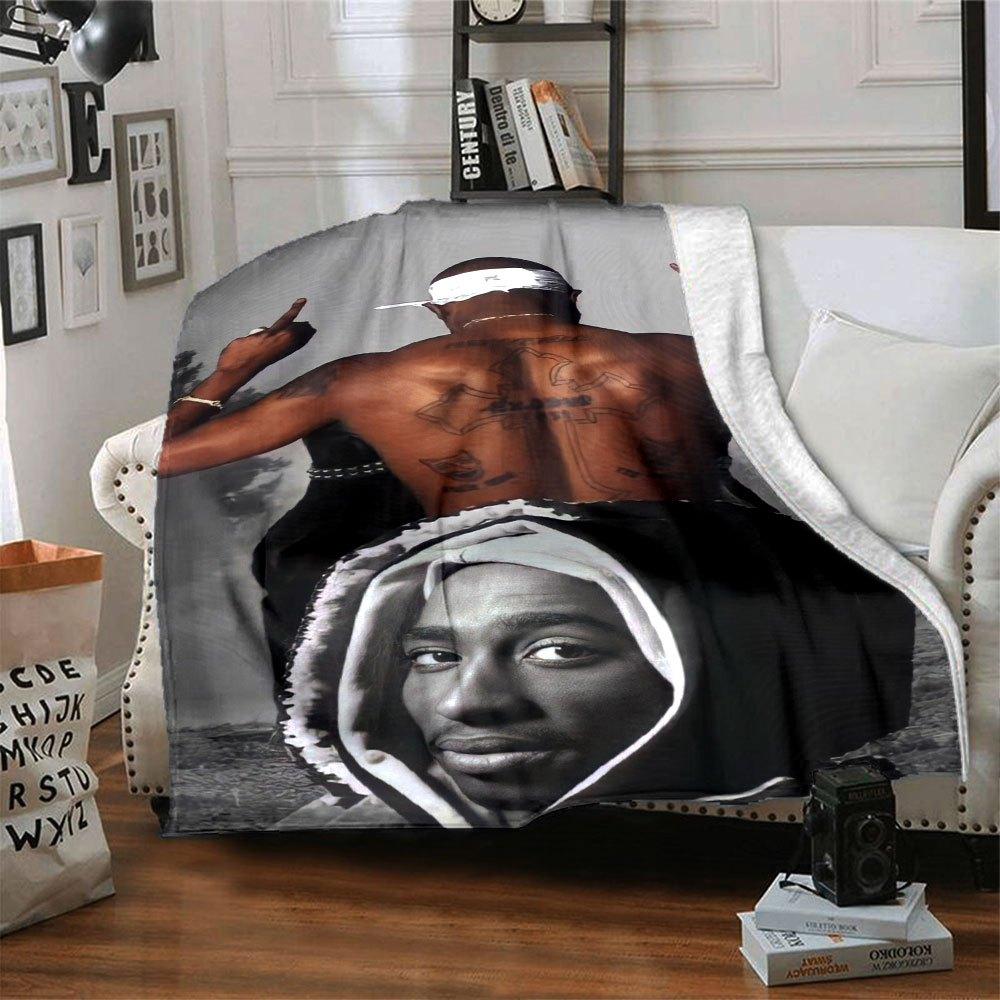 1pc 2PacHip Hop Blanket Soft Lightweight All Season Multi Purpose Throw for Sofa, Bed, Office & Picnics, French Style with Iconic Album Art & Quotes