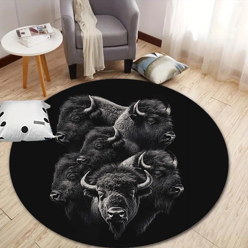 Bull Wolf Round Area Rug,Carpet Rug for Living Room Bedroom Sofa Playroom Decor,Non-slip Floor Mat