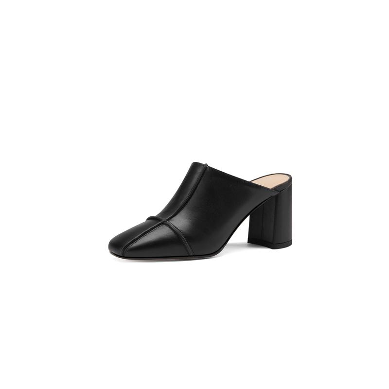 Fashion Women's New Summer European and American Leather Square Headed Thick High Heel Large Size Baotou Slippers
