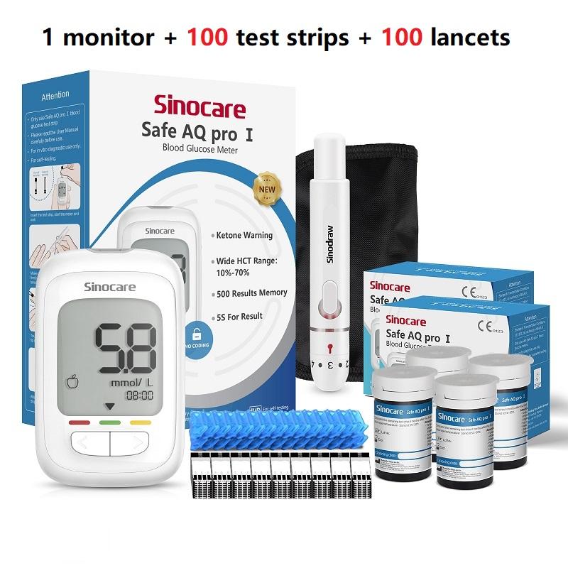 Sinocare 2023 NEW Safe AQ Pro I Model Diabetes Blood Glucose Monitor with 50/100/200 Strips Blood Ketone Warning for Diabetes