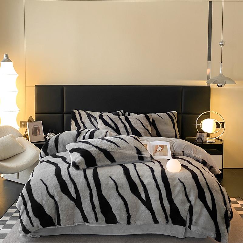 4Pcs Thickened Winter Faux Rabbit Milk Velvet Zebra Print Bedding Set Short Plush Soft Warm Duvet Cover Set Bed Sheet Pillowcase