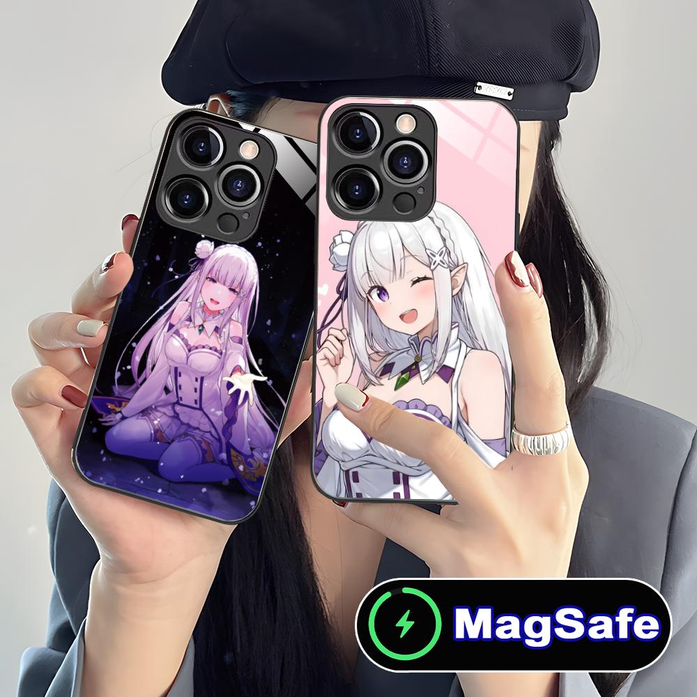 ReZero Emilia Waifu Mobile Phone Case for iPhone 17 16 15 14 13 12 11 Air Pro Max Plus Mini MagSafe Glass Colorful Cover Luxury