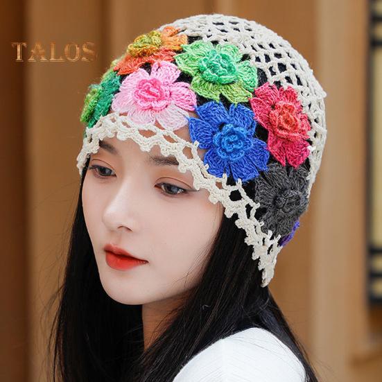 Women Hat Manual Colorful Hollow Out Knitted Flower Crochet Elastic Soft Breathable Lightweight Sunshade Soft Travel Outdoor Cap Brimless Beanie