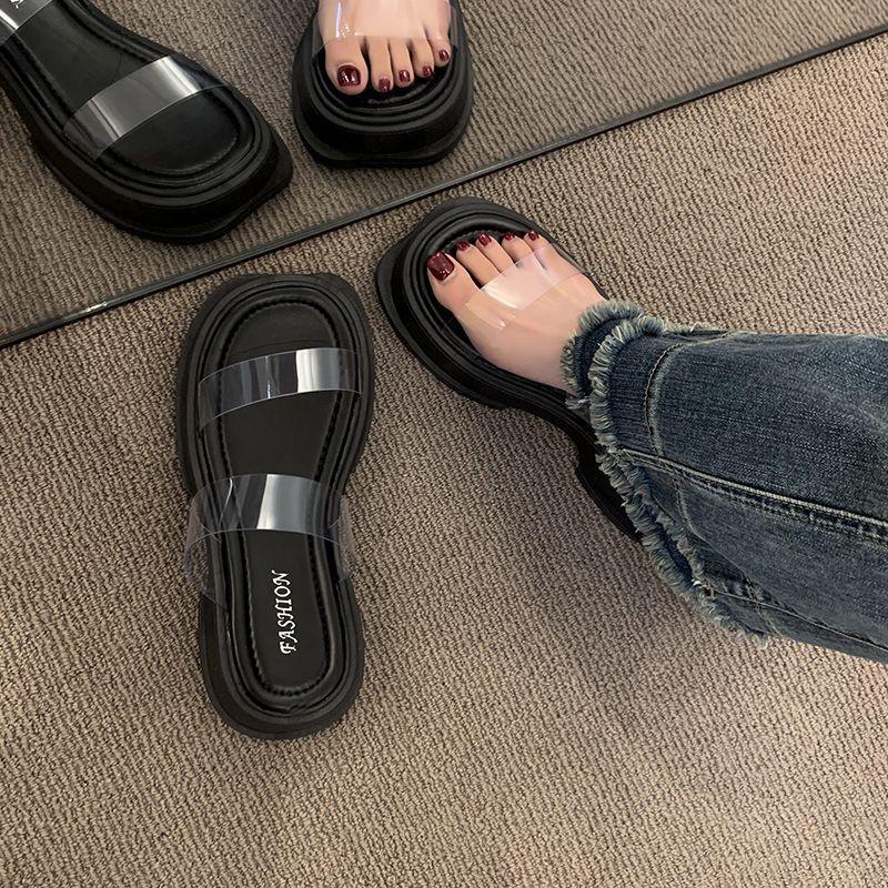 Muffin thick-soled wedge slippers women's summer wear small versatile fashionable transparent sandals with high-heeled sandals