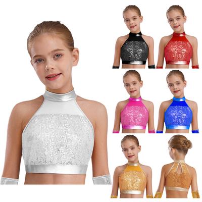 Top Corto de Danza sin Mangas con Cuello Alto Simulado para Niñas, Parche de Lentejuelas Brillantes, Diseño de Ojo de Cerradura en la Espalda, Top de Actuación
