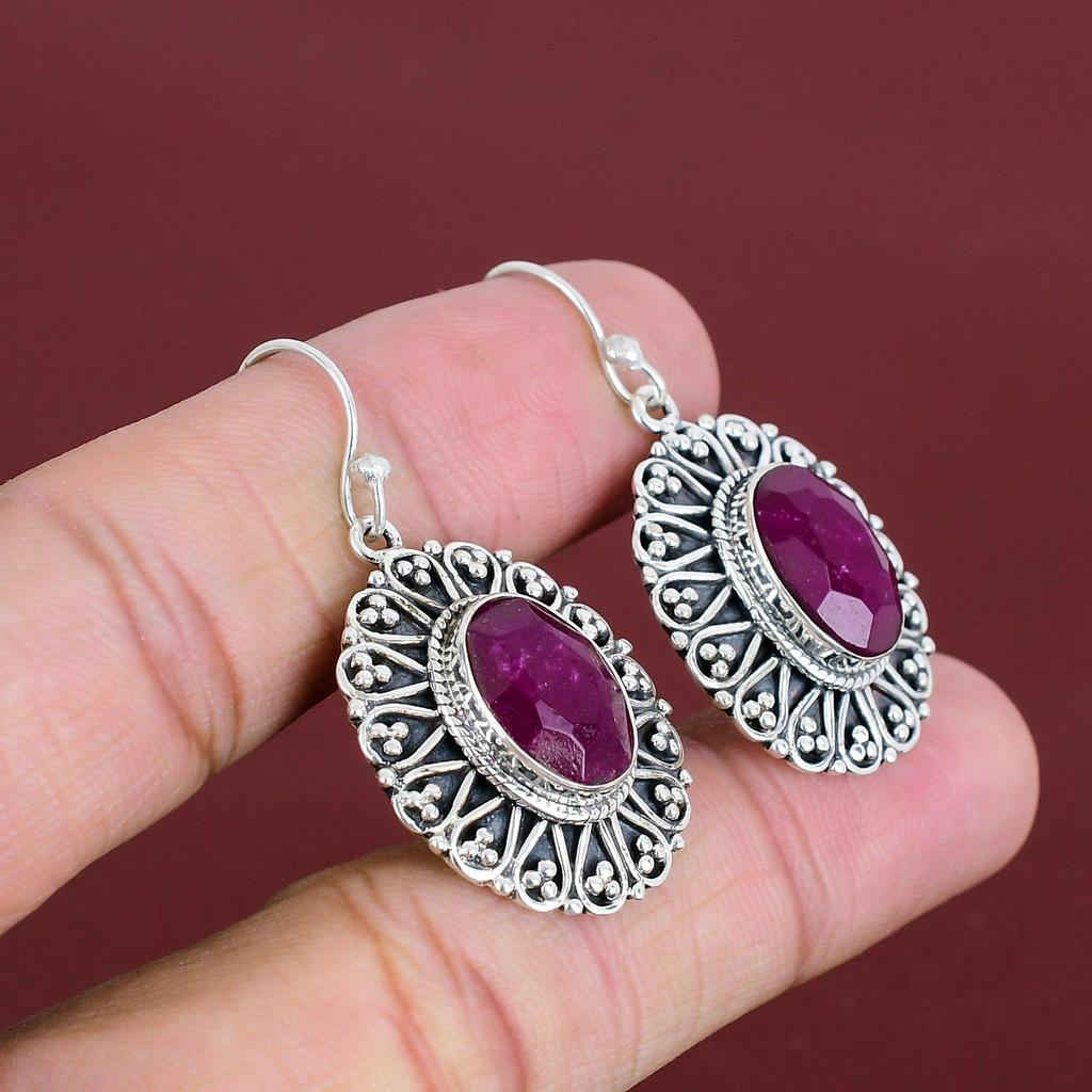 Faceted Kashmir Ruby Earring Vintage Gemstone Earrings Handmade Jewelry 925 Sterling Silver Earring Latest Design Earring Gifts For Friend
