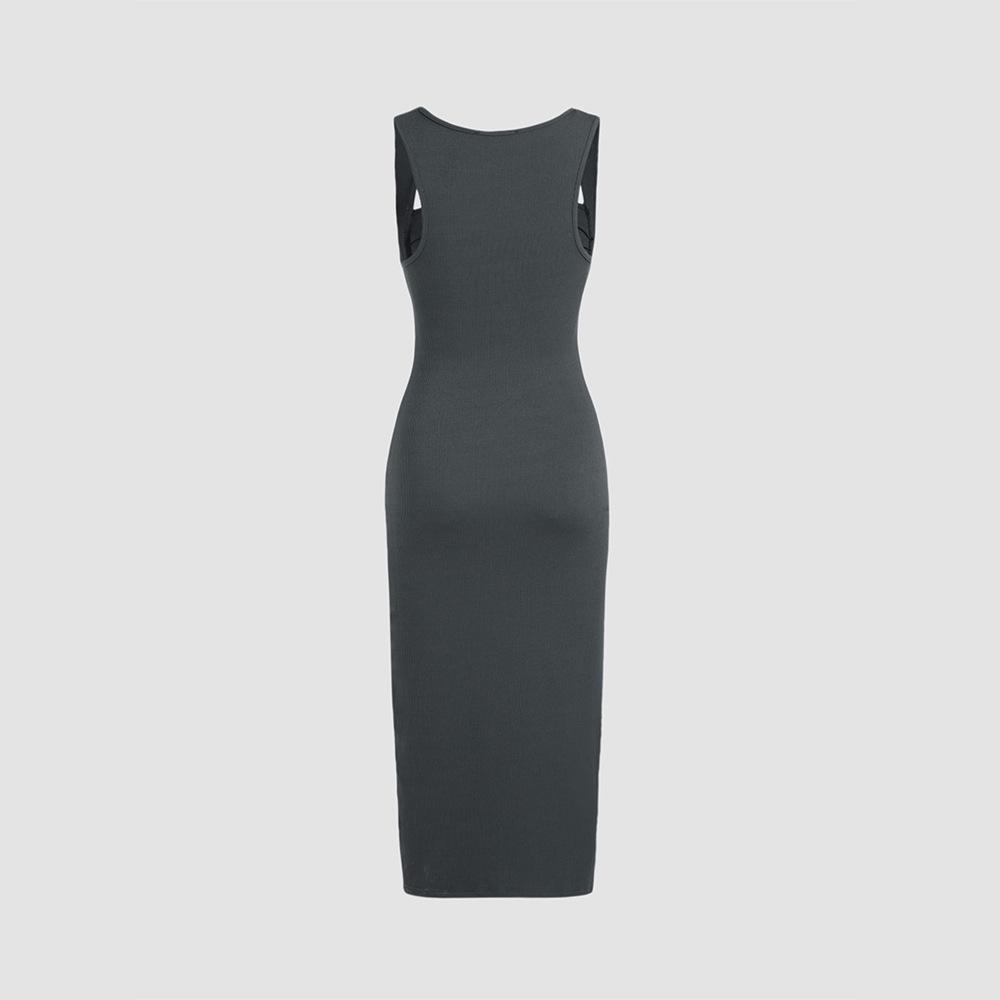 2024 Elegant European & American Ribbed Knitted Pleated Waist Slimming Long Dress