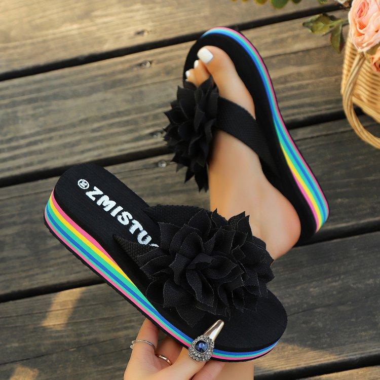 Flip-flops women's summer rainbow flower thick-soled sandals with colorful soles, women's shoes casual beach slippers