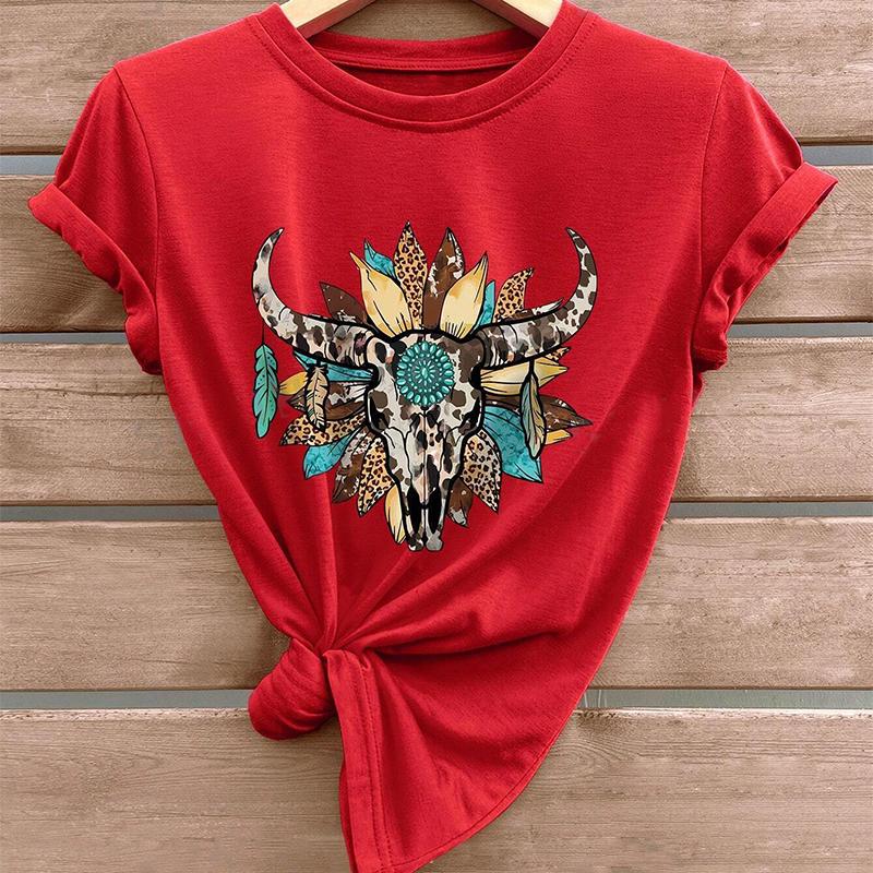 Móda Ženy Zvíře Kráva Kostra Květinový Potisk Tričko Vtipné Ležérní O-výstřih Krátký Rukáv Tričko Léto Dámské Tričko