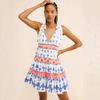European and American Style Sweet Contrasting Color Printing Suspender Dress Strap Waist Thin Holiday Style V-neck Short Cake Skirt