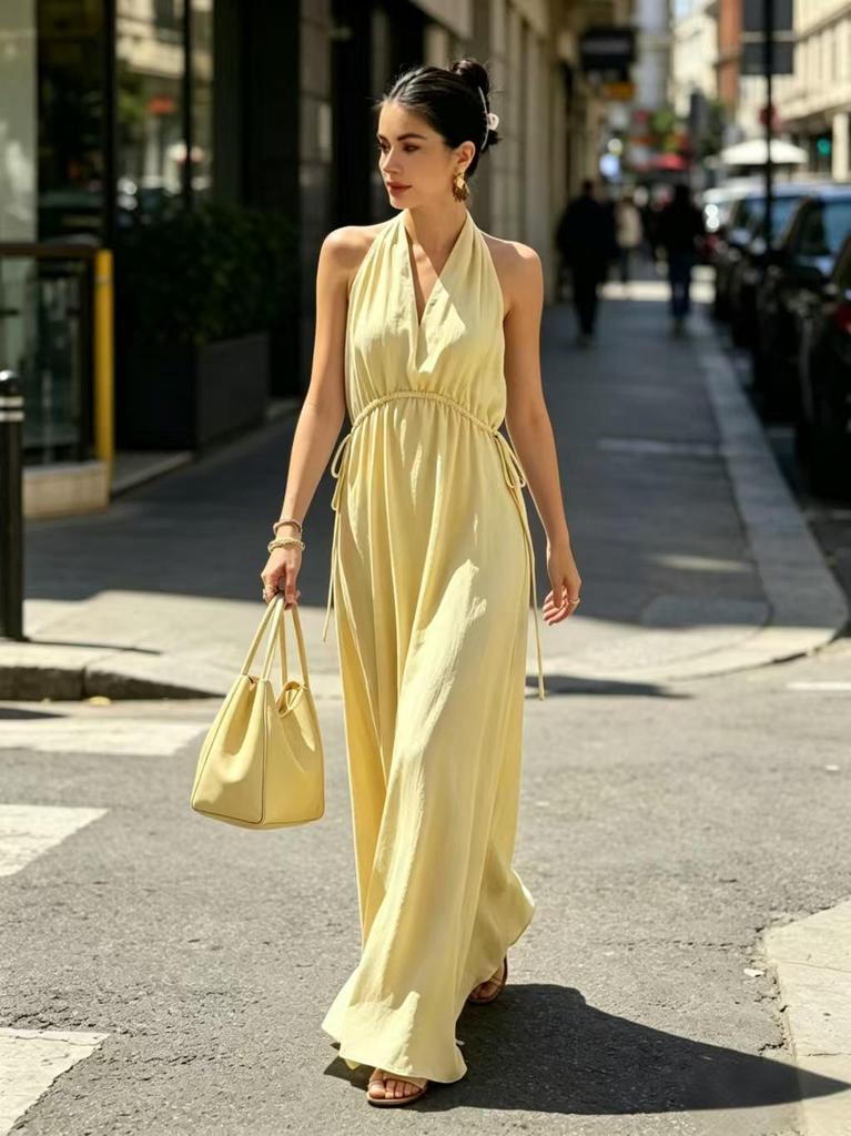 2026 Slimming V-Neck Halter Dress for Women - Waist-Cinching Summer Vacation Style