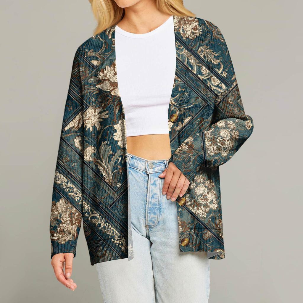 Women's Fashion Long Sleeve Christmas Print V-Neck Button Loose Cardigan Top