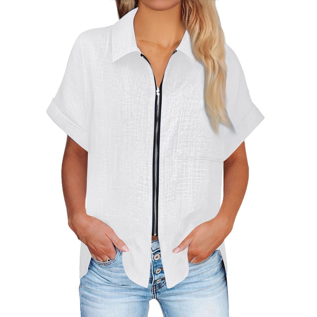 Women Summer Top Short Sleeve Fit Shirt Fashion Casual Clothes Shirt Zipper Short-sleeved Top