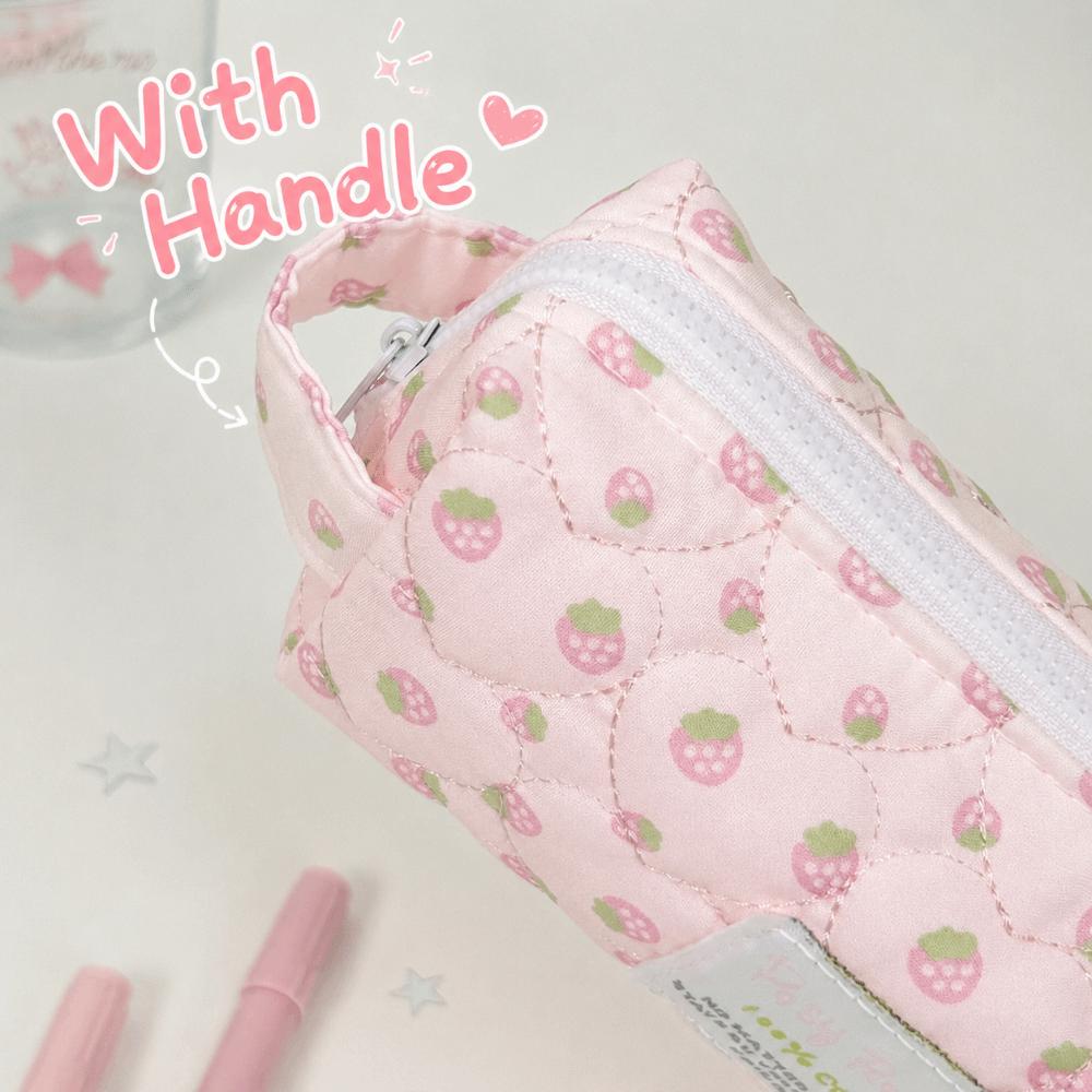 Durable Cream Strawberry Print Pencil Case Large Capacity Handheld Pen Bag Quilted Zipper Stationery Organizer Gift