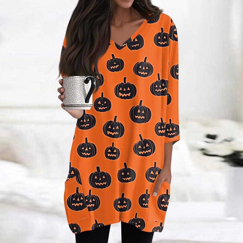 Womens Tops V-neck 3/4 Sleeve Blouses Casual Mid-length Shirts Fashion Halloween Print Tunic Tops With Pockets