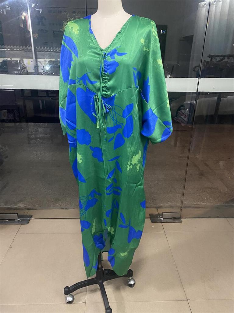 European and American spot new loose bat sleeve fashion casual printing drawstring irregular women's dress