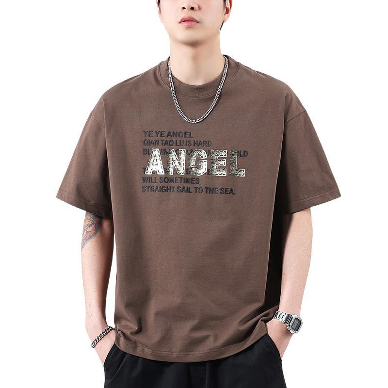 New American High-density Knitted Loose-print Men's T-shirt Short-sleeved