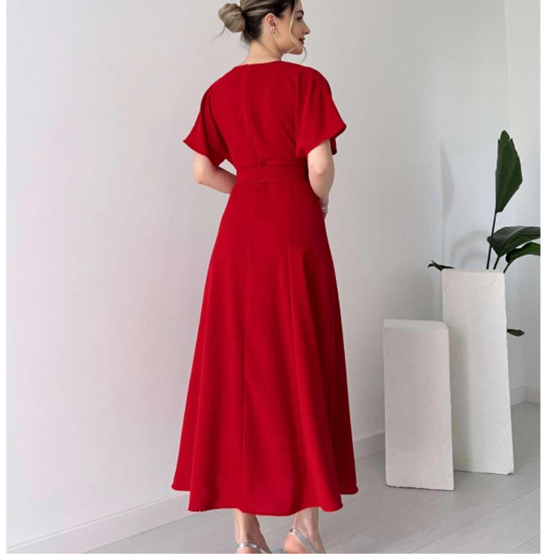 2024 Spring/Summer Pleated Drawstring Women's Maxi Dress - Solid Color Fashion