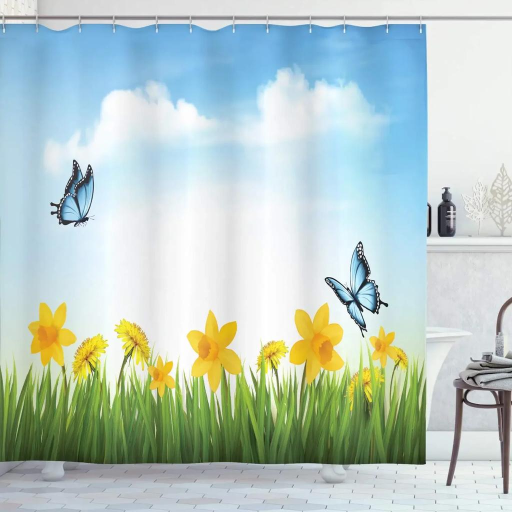 Waterproof Bath Shower Curtain Stained Glass Meadow Flower Dragonfly Polyester Fabric Bathtub Curtain Home El Bathroom Bath Shower Curtain