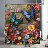 Flowers And Butterflies On Retro Wooden Boards Shower Curtain, Bathroom Shower Curtain, Waterproof Shower Curtain With Hooks