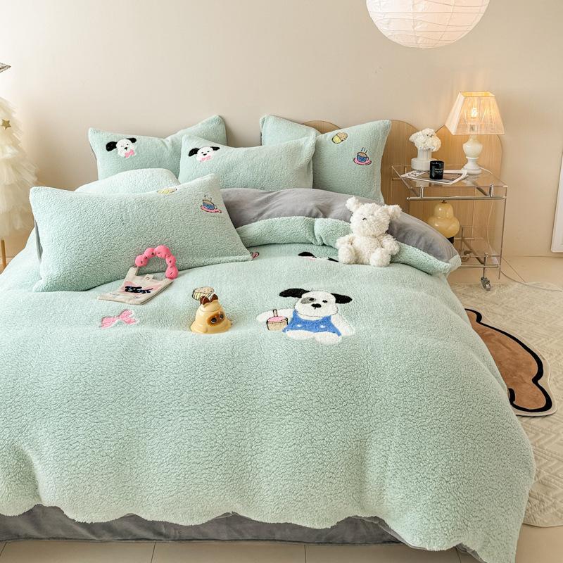 Winter A-class Lamb Plush Cute Rabbit Plush Embroidered Four Piece Set Thick Warm Duvet Cover Double-sided Plush Bedroom Bedding