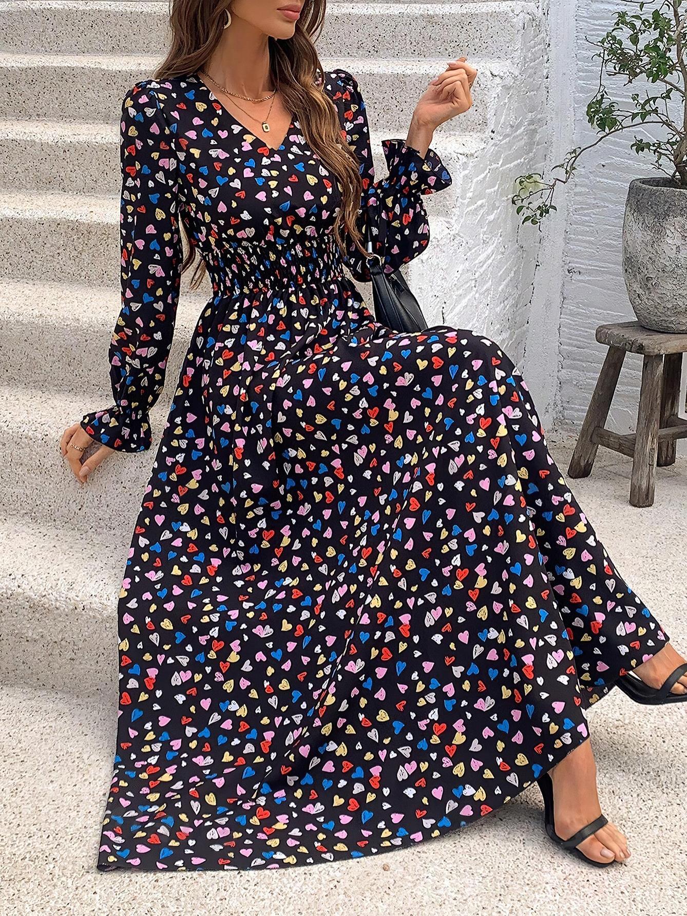 Autumn Hot Sale Women s Printed V-Neck Long Sleeve Pendulum Fashion Versatile Dress S белый