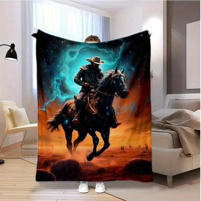 Starry Sky Cowboy Riding Horse Flannel Throw Blanket  Polyester Knitted, All-Season Comfort, Digitally Printed, Stain