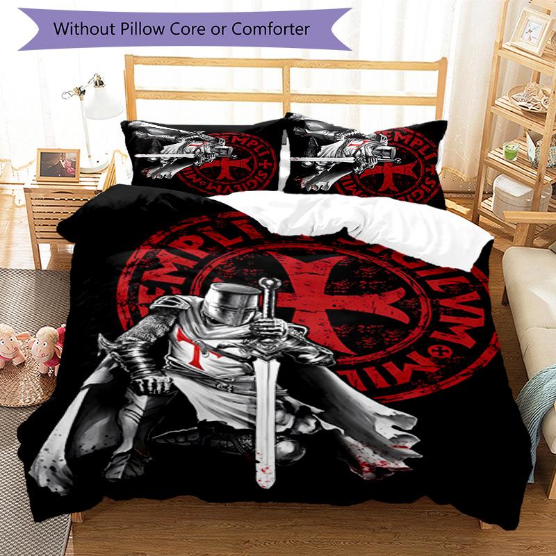 3pcs Knights Templar Pattern Bedding Set Duvet Cover Set Includes Duvet Cover &pillowcases, Perfect All Season Bedroom Decoration & Gift