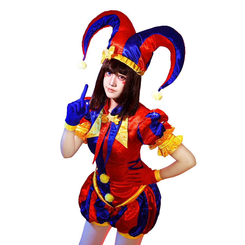 Pomni Cosplay Kostüme Anime Clown Uniform The Amazing Digital Circus Halloween Damen Overall Hut Handschuhe Beinabdeckung Socken Anzug