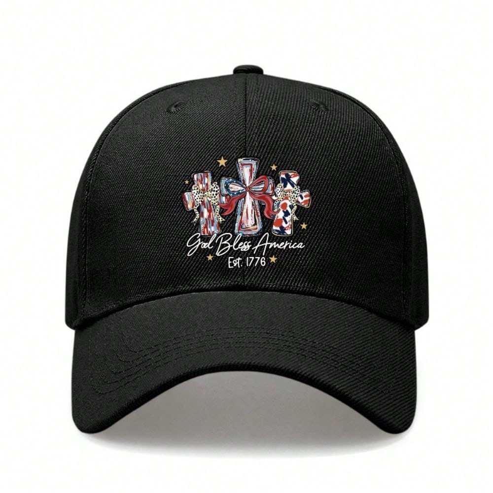 Patriotic Baseball Cap - Unisex Letter "God Bless America Est. 1776" Print Black Polyester Adjustable Breathable Casual Streetwear Baseball Hat For