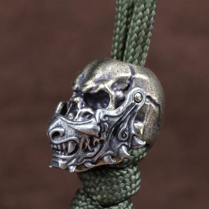 Openable Japenese Samurai Mask Skull Head Brass Knife Bead Outdoor EDC DIY Paracord Woven Lanyard Pendant Accessories Punk Charm