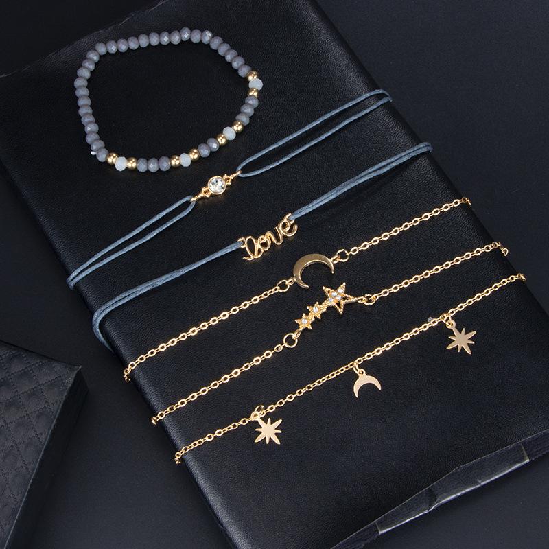 Tocona Bohemia Love Moon Bracelets For Women Charms Bead Gold Star Clear Crystal Stone Letter Rope Jewelry Accessories 6523