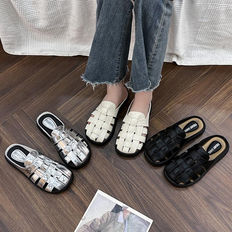 Baotou soft-soled half-slippers women's 2025 spring new retro woven hollow-soled thick-soled one-pedal lazy cool slippers
