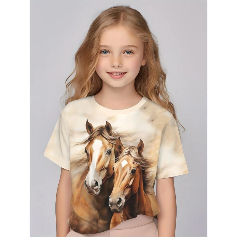 Children's Clothing Girl Cute 3D Printed Short Sleeved T-shirt Comfortable Round Neck Casual Top